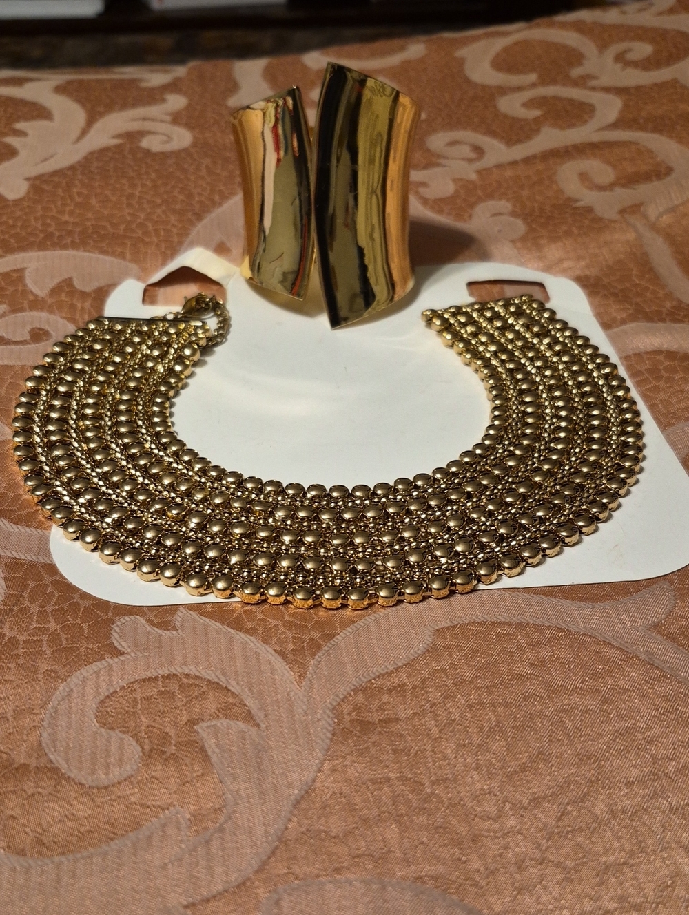 Gold Statement Collar Necklace and Cuff Bracelet - Elegant Women Jewelry